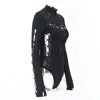 High neck long sleeve spider web hollow out bodysuit