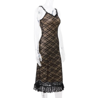V neck lace hem ruffle mesh cami maxi dress