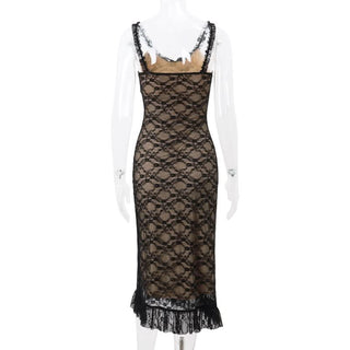 V neck lace hem ruffle mesh cami maxi dress