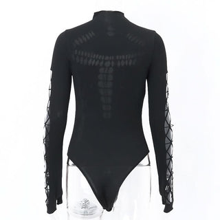 High neck long sleeve spider web hollow out bodysuit