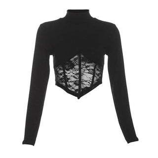 High neck long sleeve lace top