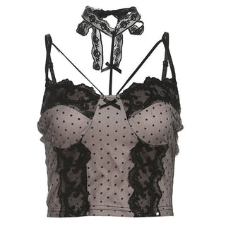 Halter lace bowknot polka dot cami top