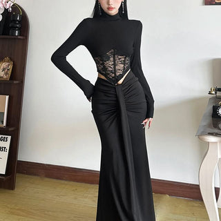 High neck long sleeve lace top