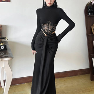 High neck long sleeve lace top