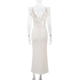 V neck hollow out self tie ruffle cut out maxi dress