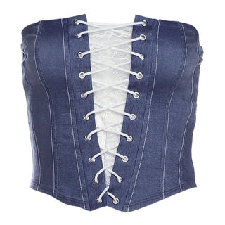 Lace up denim lace hem tube top