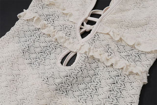 V neck hollow out self tie ruffle cut out maxi dress