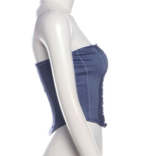 Lace up denim lace hem tube top