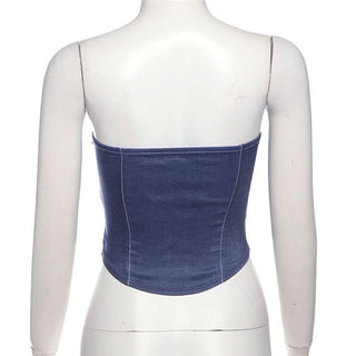 Lace up denim lace hem tube top