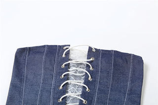 Lace up denim lace hem tube top