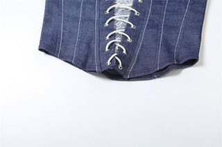 Lace up denim lace hem tube top
