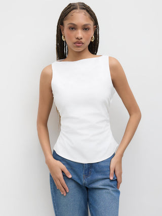 Linen-blend Boat Neckline Solid Bowknot Tank Top