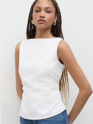 Linen-blend Boat Neckline Solid Bowknot Tank Top