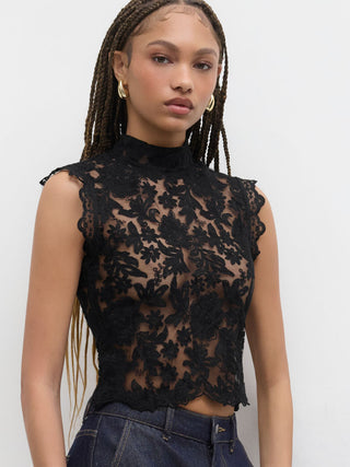 Lace Mandarin Collar Floral See-through Tank Top