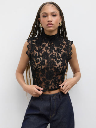 Lace Mandarin Collar Floral See-through Tank Top