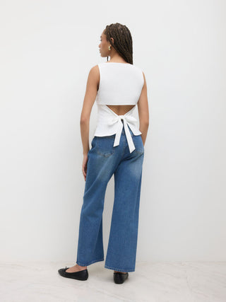 Linen-blend Boat Neckline Solid Bowknot Tank Top