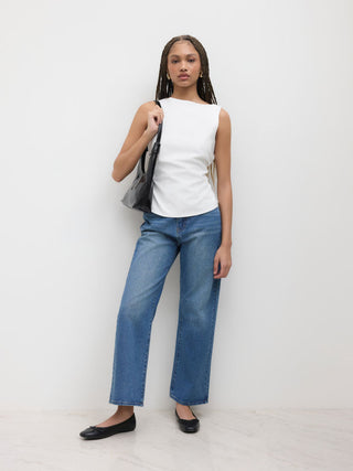 Linen-blend Boat Neckline Solid Bowknot Tank Top