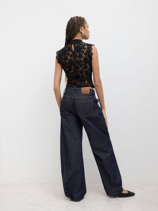 Lace Mandarin Collar Floral See-through Tank Top