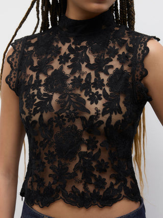 Lace Mandarin Collar Floral See-through Tank Top