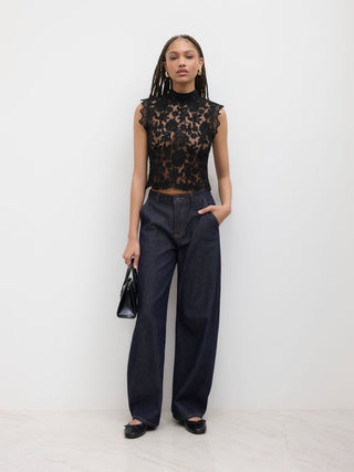 Lace Mandarin Collar Floral See-through Tank Top
