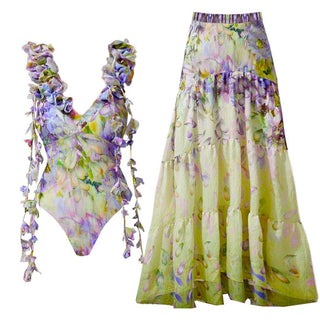 V neck flower print ruffle cami maxi skirt set
