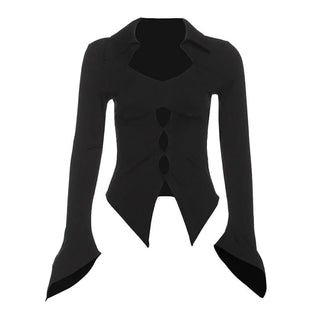 Turnover collar long flared sleeve hollow out cut out top