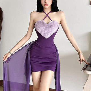 Halter sweetheart pattern fluffy ruched mini dress