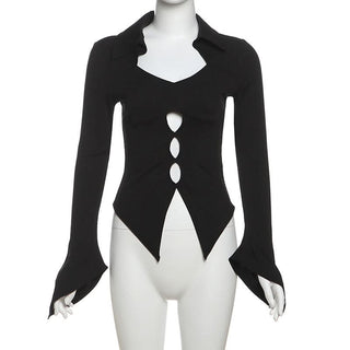 Turnover collar long flared sleeve hollow out cut out top