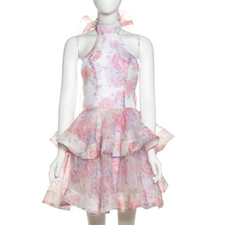 Halter flower print ruffle backless mini dress
