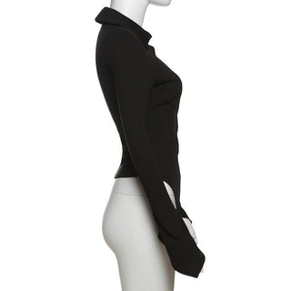 Turnover collar long flared sleeve hollow out cut out top