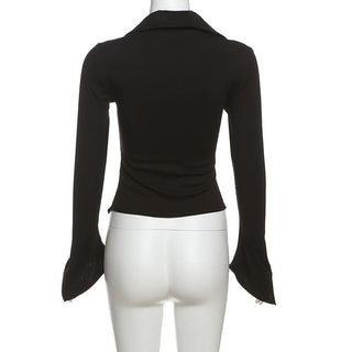 Turnover collar long flared sleeve hollow out cut out top