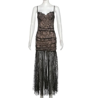 Sweetheart neck slit mesh lace cami maxi dress
