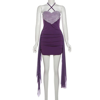 Halter sweetheart pattern fluffy ruched mini dress