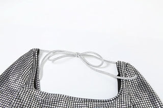 Long sleeve square neck self tie plaid maxi skirt set