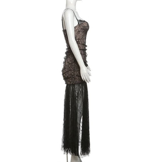 Sweetheart neck slit mesh lace cami maxi dress