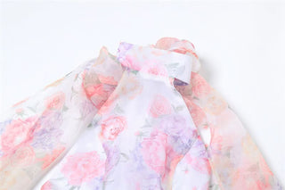 Halter flower print ruffle backless mini dress