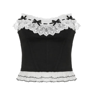 Lace hem bowknot ruffle tube top