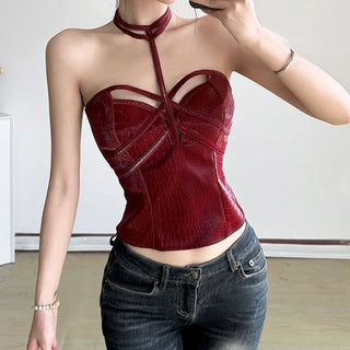 Sweetheart neck halter PU leather zip-up top