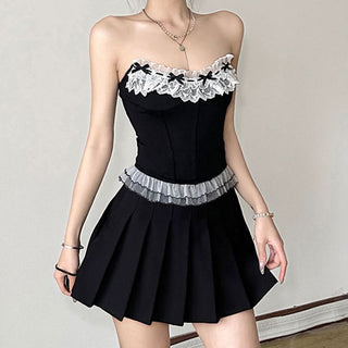 Lace hem bowknot ruffle tube top