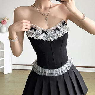 Lace hem bowknot ruffle tube top