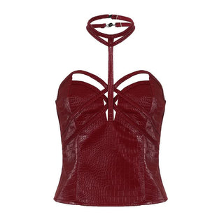 Sweetheart neck halter PU leather zip-up top