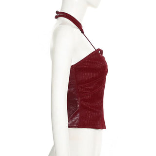 Sweetheart neck halter PU leather zip-up top