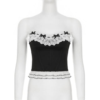 Lace hem bowknot ruffle tube top