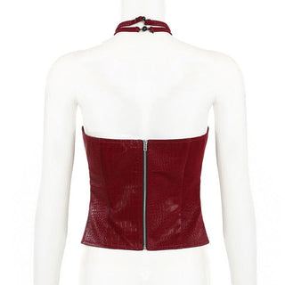 Sweetheart neck halter PU leather zip-up top
