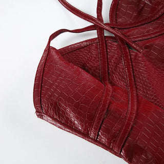 Sweetheart neck halter PU leather zip-up top