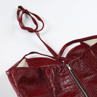 Sweetheart neck halter PU leather zip-up top