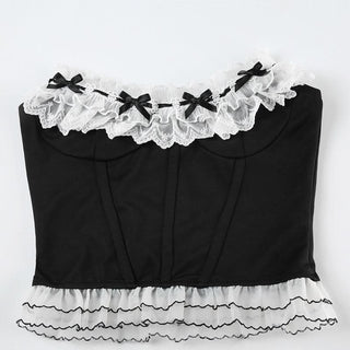 Lace hem bowknot ruffle tube top