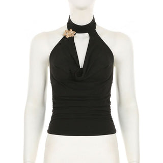 Cowl neck halter ruched flower applique top