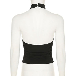 Cowl neck halter ruched flower applique top