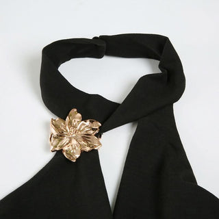 Cowl neck halter ruched flower applique top